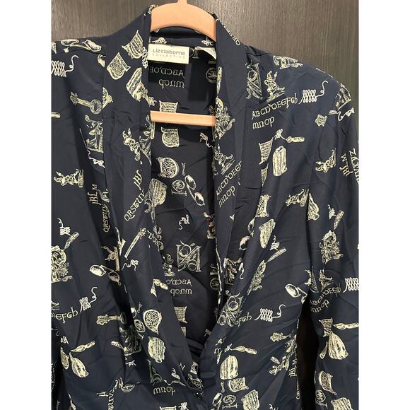 Vintage Liz Claiborne Teacher ABC’s Calligraphy Novelty Print Shawl Collar Top - Picture 8 of 9